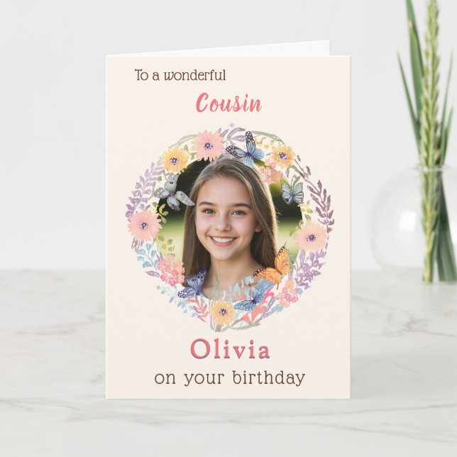 Carte Pink Floral Elegant Female Cousin Photo Birthday (Devant)