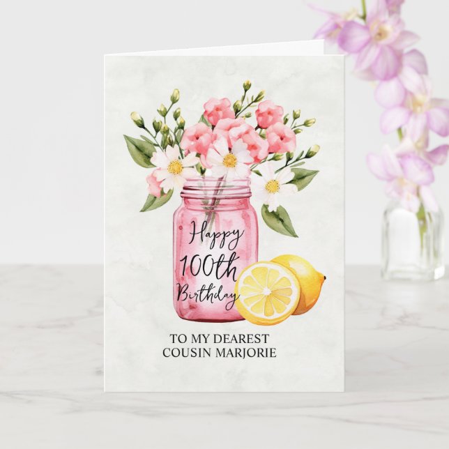 Carte Pink Floral Jar Cousin 100e anniversaire Salutatio (Orchidée)