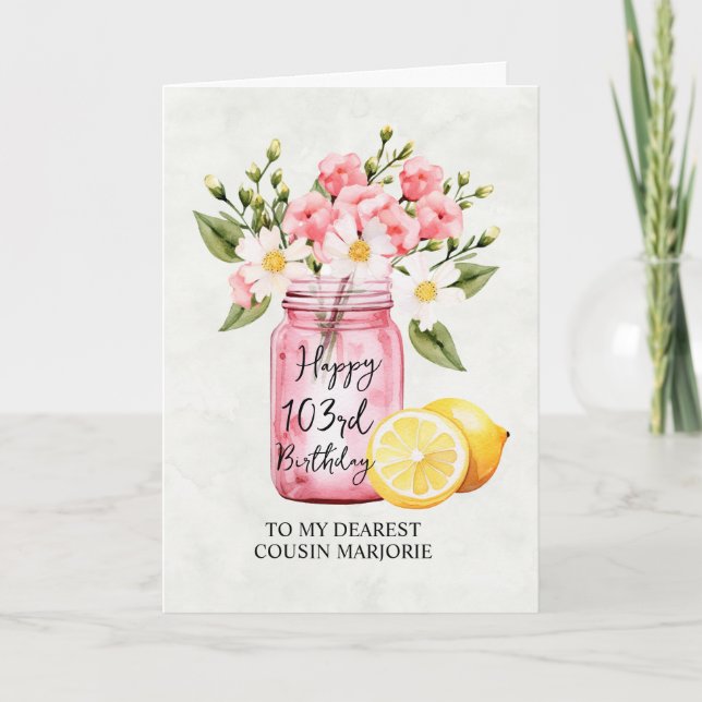 Carte Pink Floral Jar Cousin 103e anniversaire Salutatio (Devant)