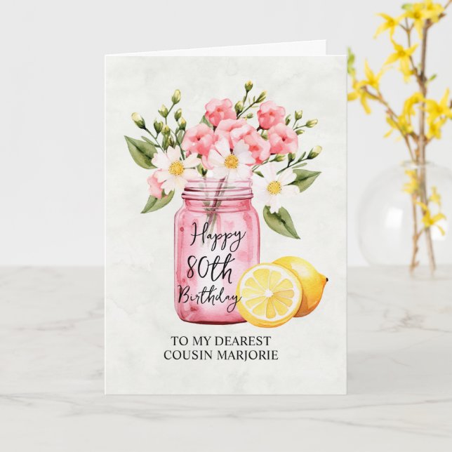 Carte Pink Floral Jar Cousin 80e anniversaire Salutation (Fleur jaune)