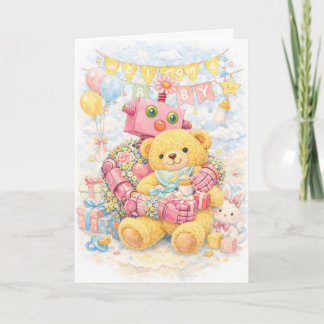 Carte Pink Flower Robot & Teddy – Welcome Baby Shower