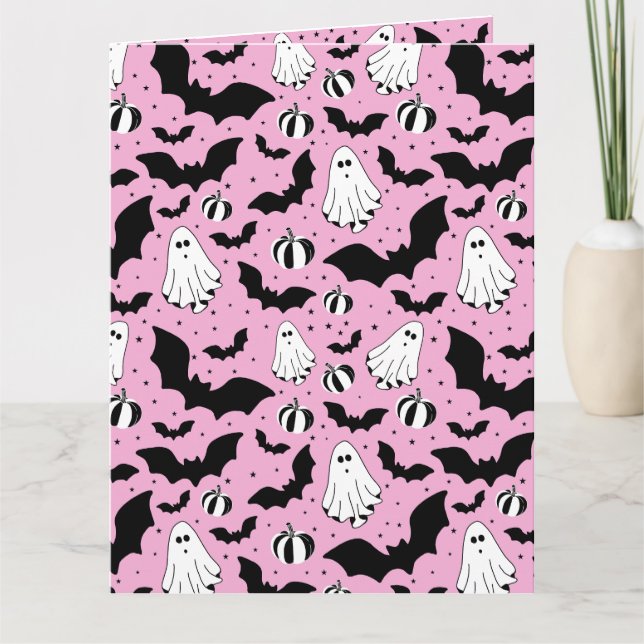Carte Pink ghosts, bats and pumpkins (Devant)