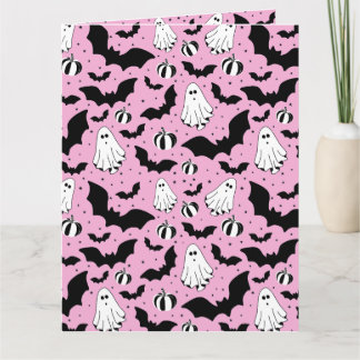 Carte Pink ghosts, bats and pumpkins