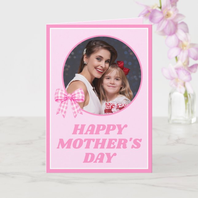 Carte Pink Gingham Bow Photo Mother's Day Card (Orchidée)