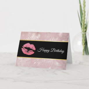 Carte Pink Glitter Lips & Rose Gold Tropical Leaves