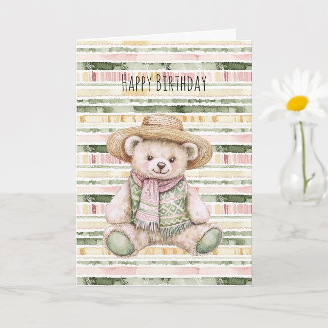 Carte Pink Green Yellow Stripes Teddy Bear Birthday (Petite plante)