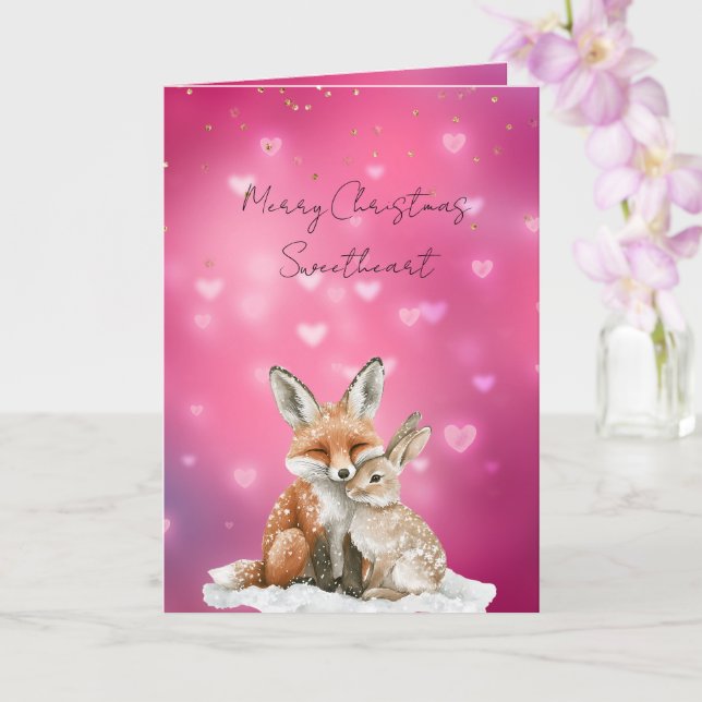 Carte Pink Hearts Fox Bunny Glitzy Sweetheart Christmas (Orchidée)
