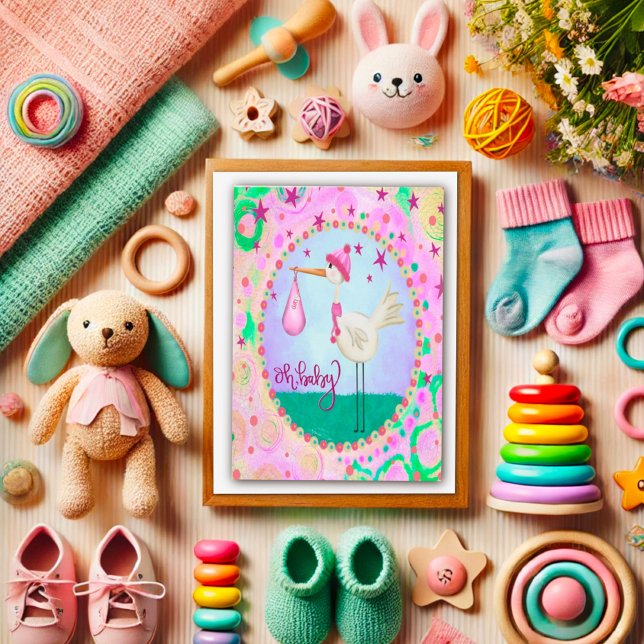 Carte Pink mignonne Stork Whimsical Oh Baby Girl (Créateur téléchargé)