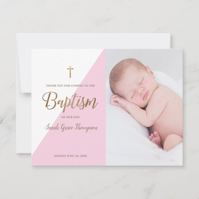 Carte Pink Modern Baby Girl Photo Baptême Merci (Devant)
