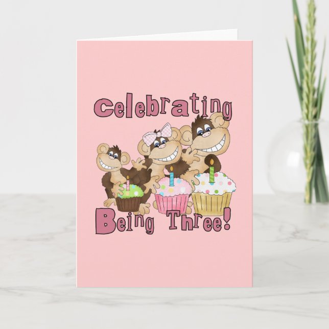 Carte Pink Party Monkey 3e Anniversaire Tshirts et cadea (Devant)