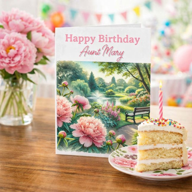 Carte Pink Peonies at Park Happy Birthday Card for Aunt (Template personalized birthday card, easy to modify for her (mom, sister, friend, aunt)  birthday )