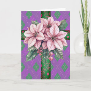 Carte Pink Poinsettia Purple Plaid Green Cross Ribbon