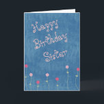 Carte Pink posies on Denim Sister Birthday<br><div class="desc">This is a cute card for a sister, with simple flower images which border the bottom of the front. The light pink stylistic text above says "Joyeux anniversaire". The flower images and text are placed on a medium blue background that looks like denim. The inside of the card has a...</div>