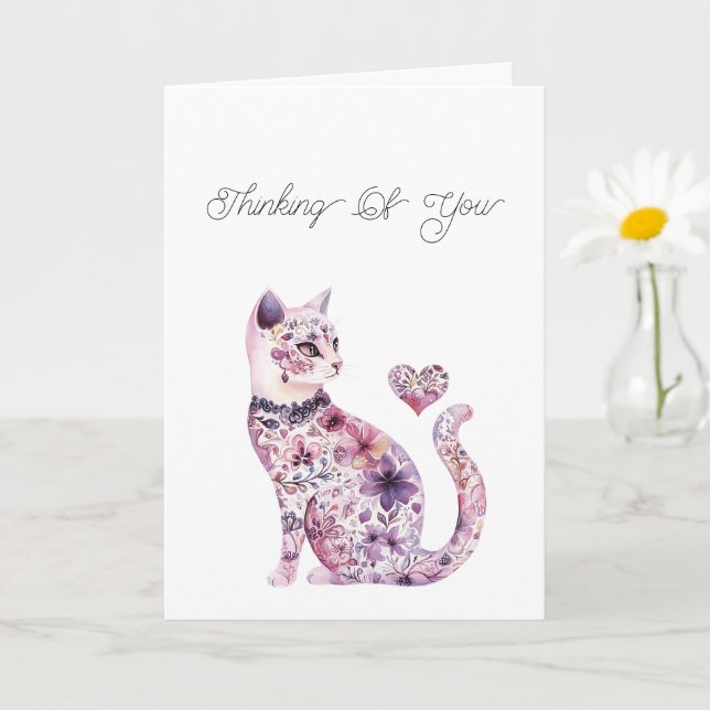 Carte Pink Purple Blush Floral Heart Cat Thinking of you (Petite plante)