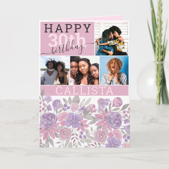 Carte Pink Purple Sage Floral Aquarelle Photo Anniversai (Devant)