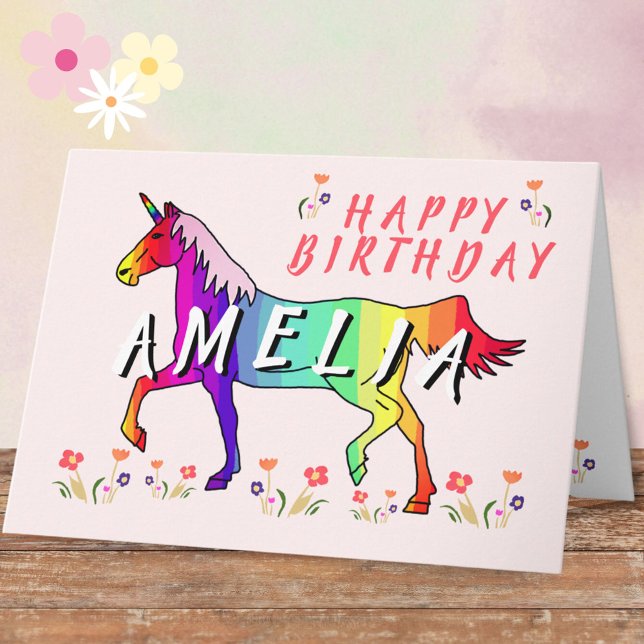 Carte Pink Rainbow Unicorn Flower Girl Joyeux anniversai (Créateur téléchargé)