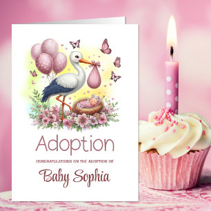 Carte Pink Stork Baby Girl Adoption félicitations