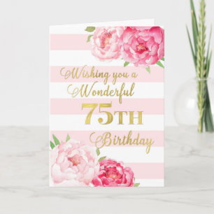 Carte Pink Stripes and Flowers Heureux 75e Anniversaire 