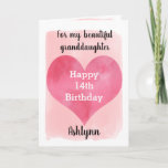 Carte Pink Watercolor Happy 14th Birthday Granddaughter<br><div class="desc">A pretty watercolor 14th birthday card for girls that features a watercolor heart against a pretty pink watercolor, which you can personalize underneath the heart with her name. The inside of this pretty birthday card reads a birthday sentiment, which can be easily personalized. The back features the same heart along...</div>