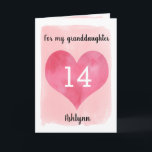 Carte Pink Watercolor Heart 14th Birthday Granddaughter<br><div class="desc">A personalized pink water color 14th birthday card for granddaughter that features a gold heart against pink water color. You can personalize the gold heart with the age you need and add her name underneath the heart. The inside message can be easily edited if wanted. The back of the card...</div>