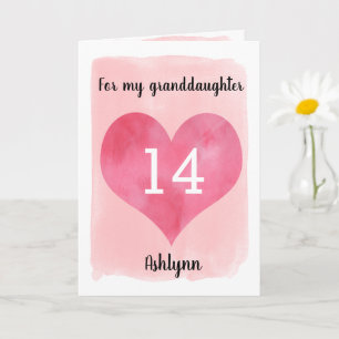 Carte Pink Watercolor Heart 14th Birthday Granddaughter