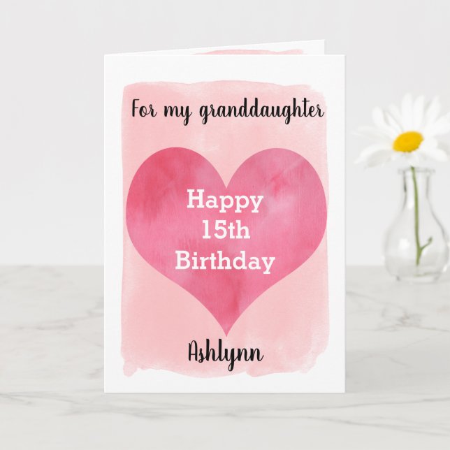 Carte Pink Watercolor Heart 15e Birthday Granddaughter (Petite plante)