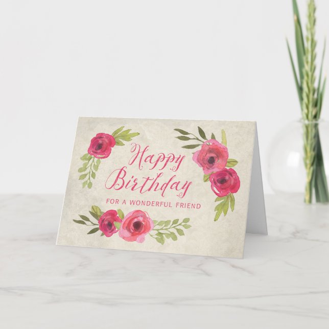 Carte Pink Watercolor Rose Friend Birthday Card (Devant)