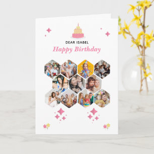 Carte Pink & White Joyeux Anniversaire Photo Collage Por