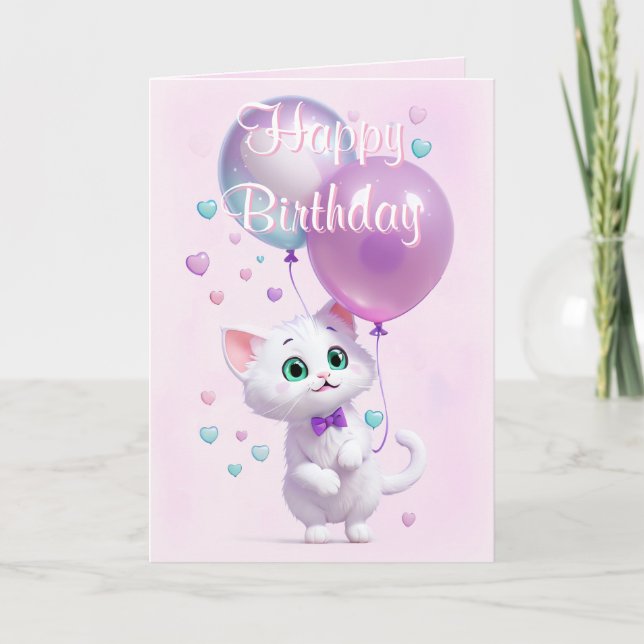 Carte Pink White Kitten with Balloons Birthday (Devant)