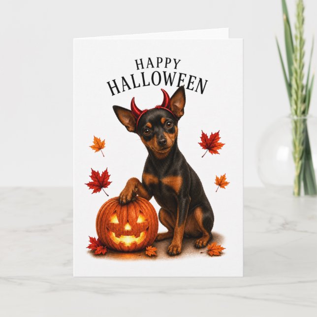 Carte Pinscher Nain Chien Diable d'Halloween (Devant)