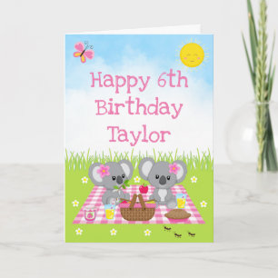Carte Pique-nique d'ours Koala Anniversaire rose à carre