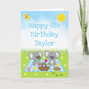Carte Pique-nique d'ours koala en vichy bleu Joyeux Anni