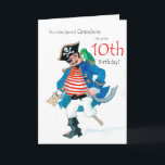 Carte Pirate 10e Birthday Card de Grandson<br><div class="desc">A 10th Birthday Card for a very special Grandson,  with a jolly pirate and his parrot,  from a watercolour painting by Judy Adamson. Tu peux faire un truc avec les inside text if you wish.</div>