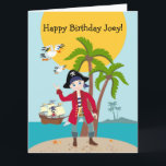 Carte Pirate kid birthday<br><div class="desc">This product is for kids that love pirates and piracy stories. It feesta cute little pirate boy that has arrived on this island with palm trees. There's a pirate ship in the horizon waiting for him to return with a treasure! Seagulls are watching. This product is ideal for a pirate...</div>