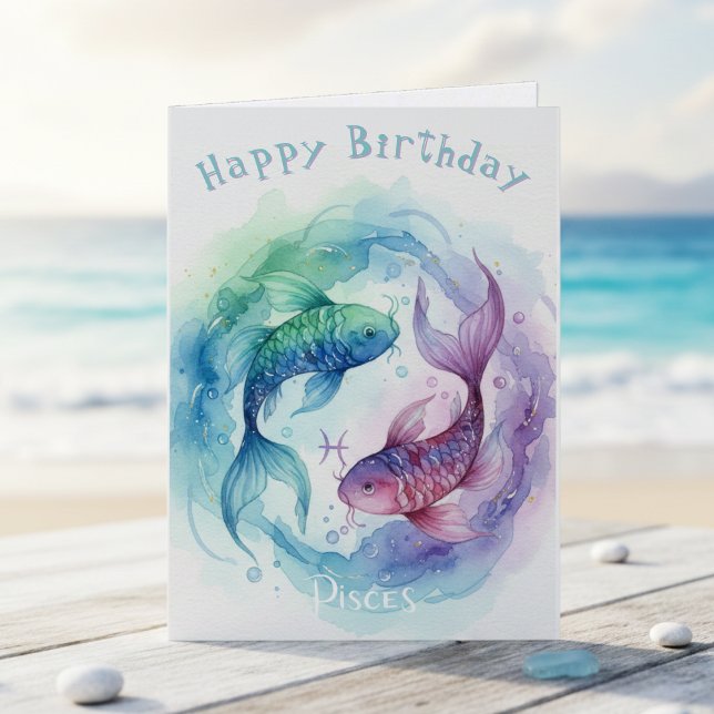 Carte Pisces Zodiac Sign Watercolor Fish Happy Birthday (Pisces Zodiac Sign Watercolor Fish Happy Birthday Card
)