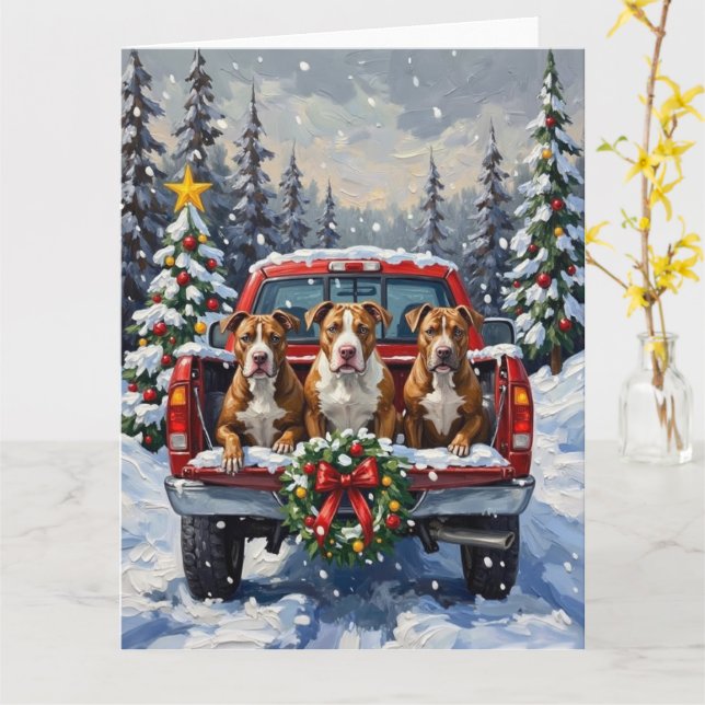 Carte Pitbull camion rouge de Noël vacances (Fleur jaune)