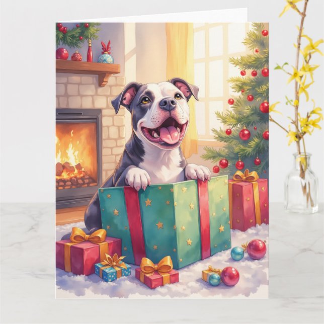 Carte Pitbull joueur ouvrant des cadeaux de Noël de vaca (Fleur jaune)