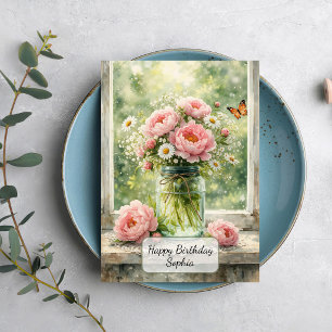 Carte Pivoines dans un vieux pot en verre