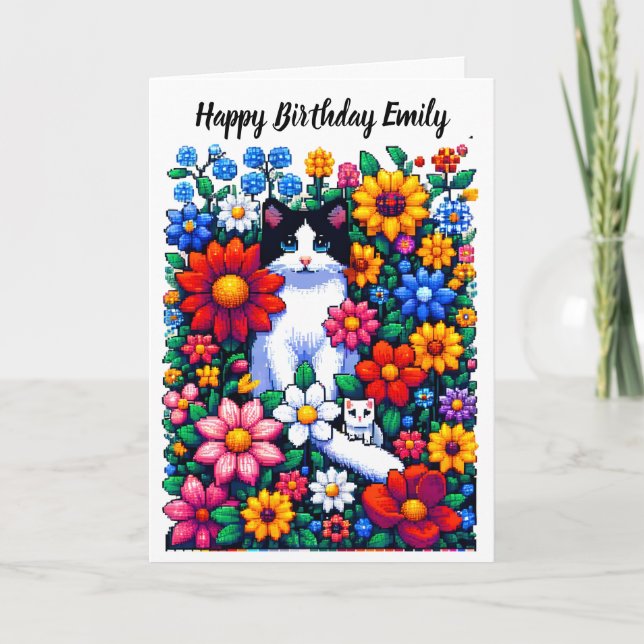 Carte Pixel Art Chats et Fleurs Anniversaire personnalis (Devant)