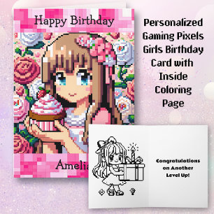 Carte Pixel Art Girl's Pink Birthday Party   Page Couleu