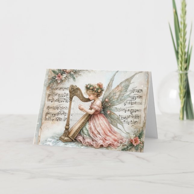 Carte Pixie Fairy de Noël Jouer une harpe (Devant)
