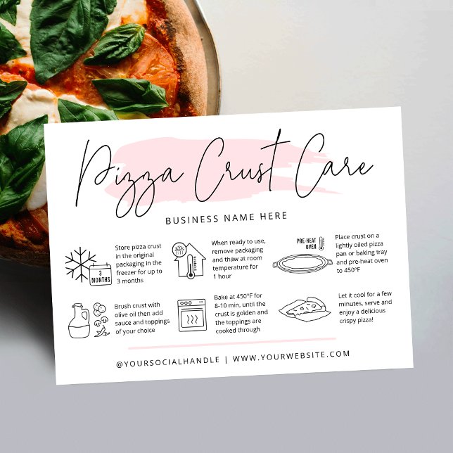 Carte Pizza Crust Care Instructions Pink Aquarelle (Modern pizza crust care cards with icons, modern script font and pink watercolor and your logo)