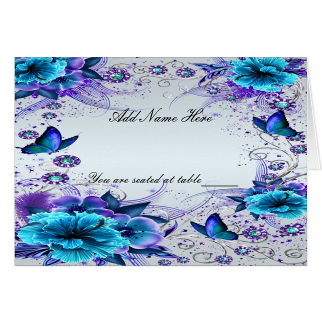 Carte Place Floral Bleu Et Papillon Plié Table (Devant Horizontal)
