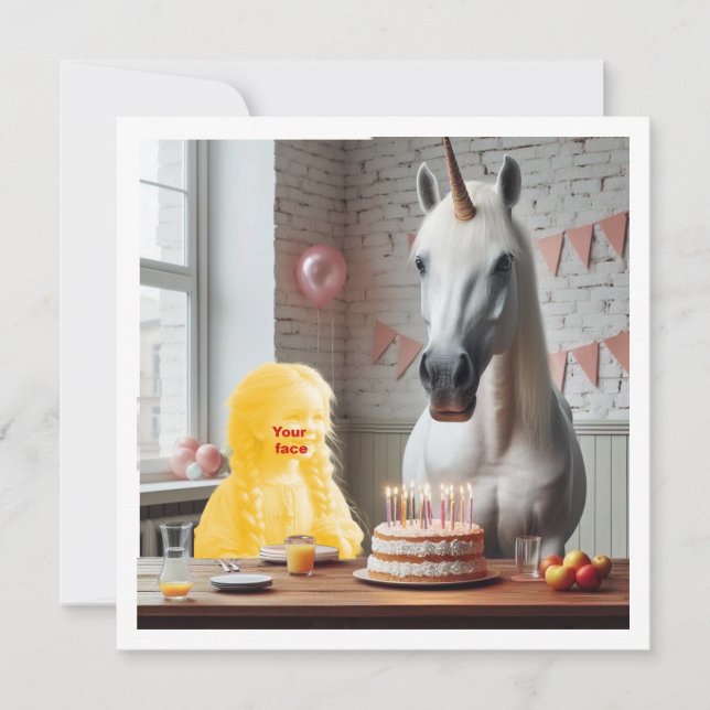 Carte Placez mon visage dans l'image, licorne et enfant (Devant)