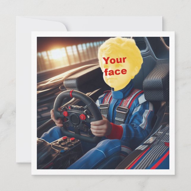 Carte Placez mon visage dans l'image, voiture de course  (Devant)