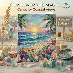 Carte Plage à l'impasto et verre de mer   Joyeux Anniver