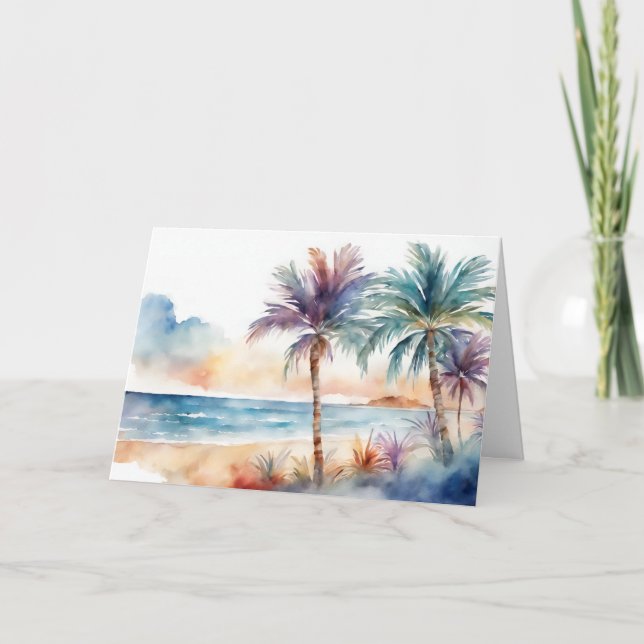 Carte Plage tropicale aquarelle, palmiers (Devant)