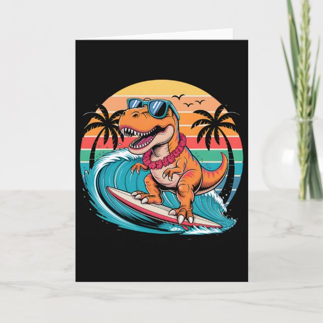 Carte Planche de surf dinosaure drôle plage été surfant  (Devant)