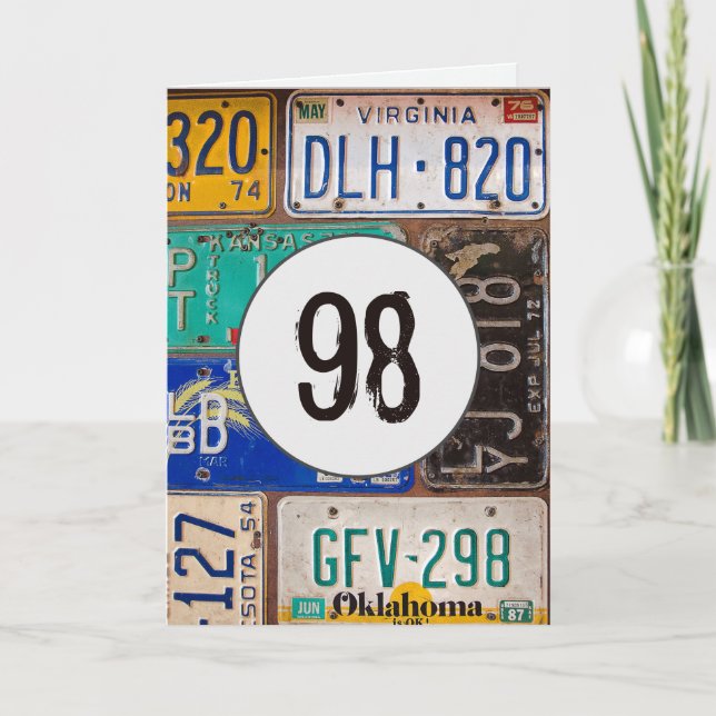 Carte Plaques d'immatriculation vintage pour 98e anniver (Devant)