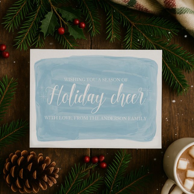 Carte Plat à la couleur bleue pour vacances (Blue Watercolor Holiday Cheer Christmas Flat Card)